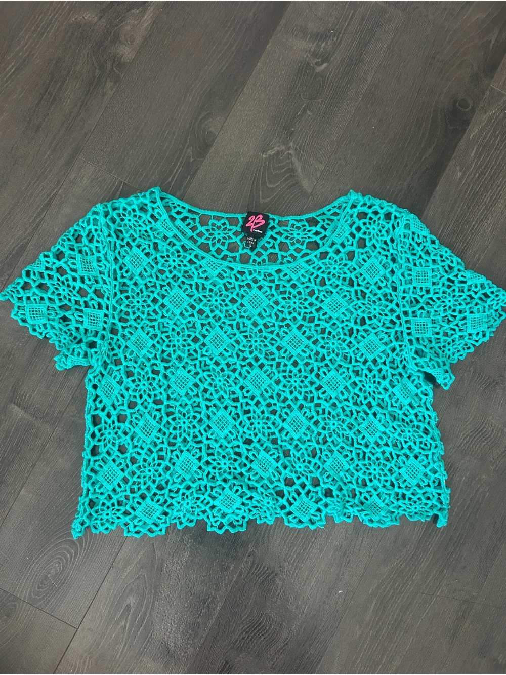 Y2K 2000’s 2b bebe Teal Blue Crochet Lace Knit Top Festival Boho Crop /Size S